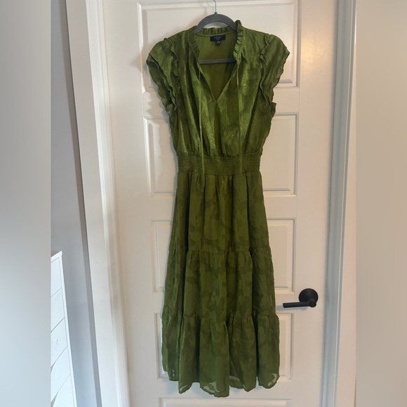 NWOT Haver London Moss Green Ruffle Midi Maxi Dress Boho Stretch Size Small - Picture 3 of 6